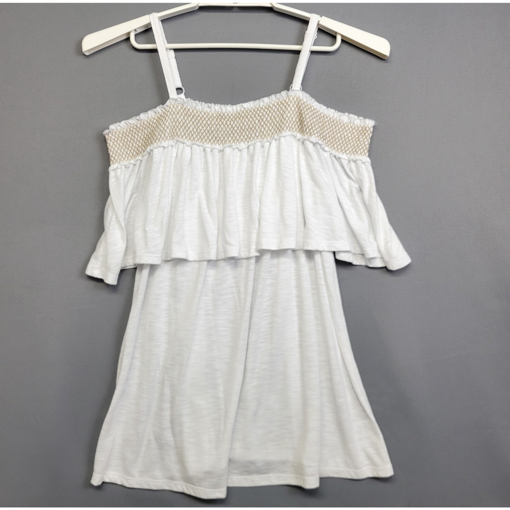 Terra & Sky Top Womens 1X Off Shoulder Ruffle Smocked Adjust Boho Coastal Casual